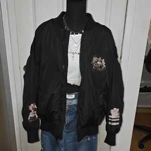 Old Navy Black Bomber Jacket with Embroidered Accents